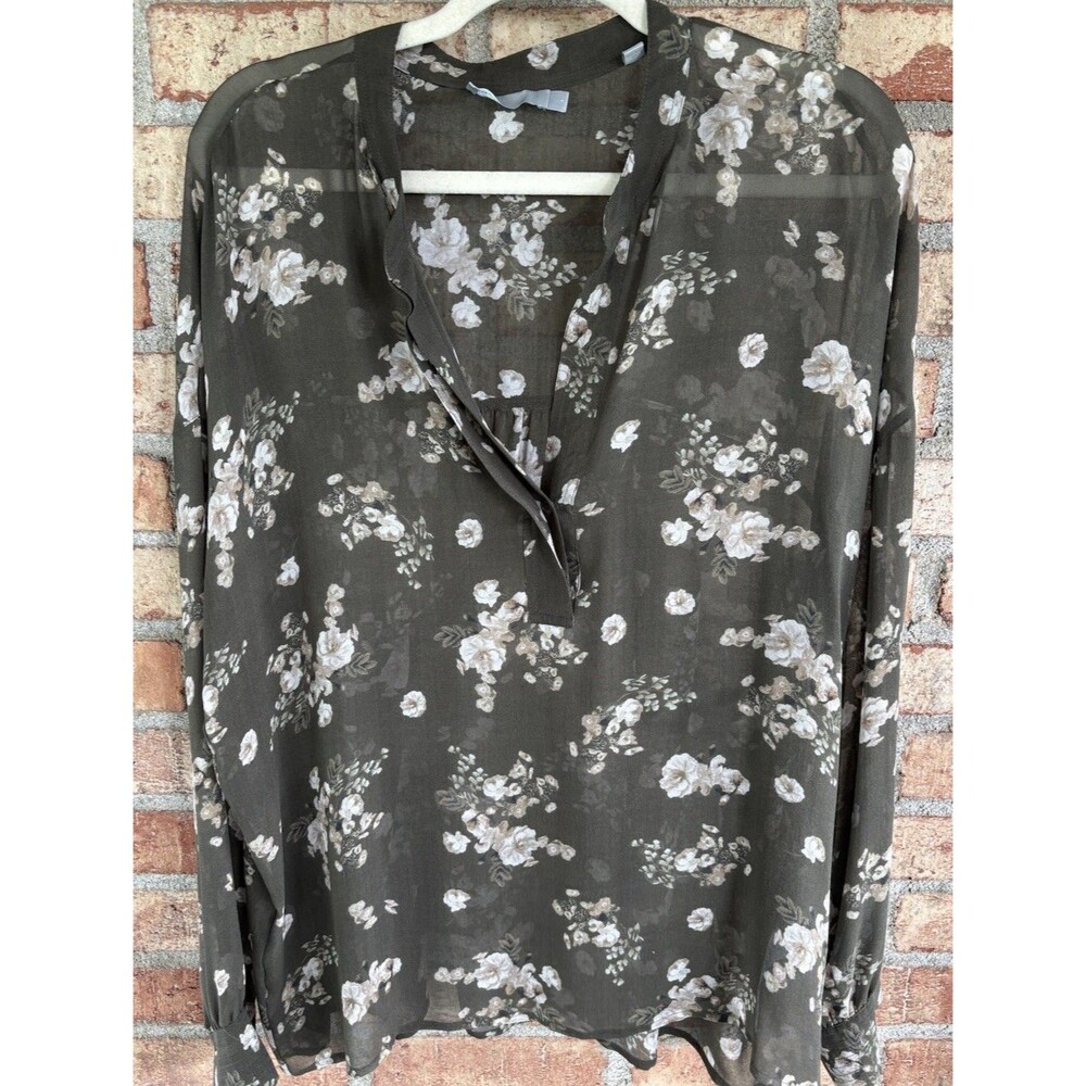 Vince Blouse Size Large “Tossed Floral” Sheer 100% Silk Chiffon Blouse
